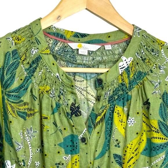 Boden Size US 12L Green Print 100% Linen Ada Midi Belted Shirt Dress Pockets - Picture 4 of 11